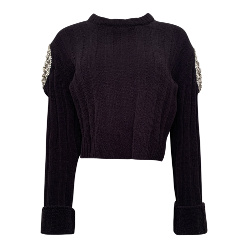 AREA Black Cropped Crystal-Embellished Chenille Sweater