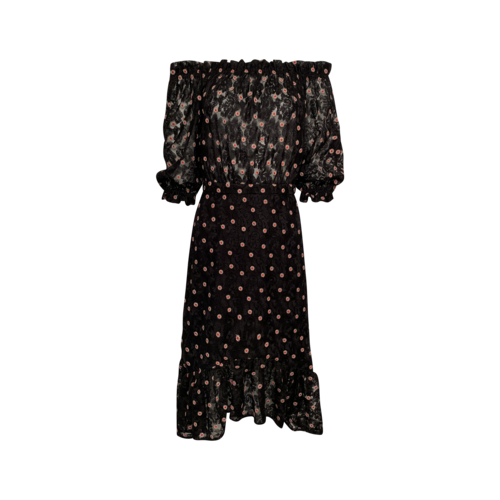Saloni Black Off-the-Shoulder Floral Embroidered Smocked Dress