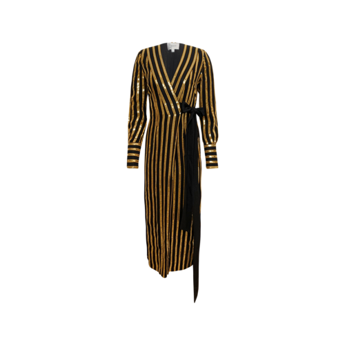 Galvan London Gold and Black “Pride” Sequin-Striped Wrap Dress