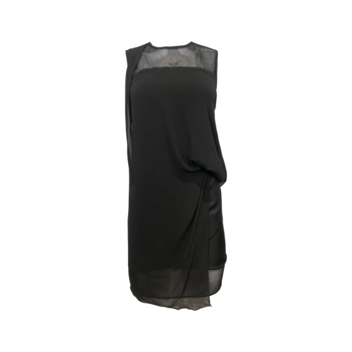Sandro Paris Black Mini Dress With Side Drape and Mesh Trim