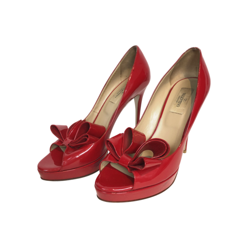Valentino Red Patent Leather Bow Open Toe Platform Pumps