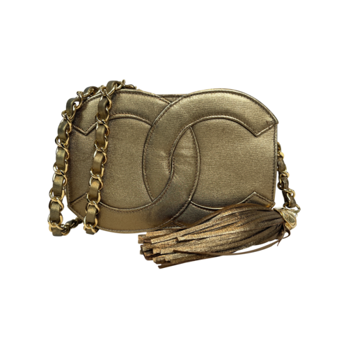 CHANEL Vintage Chanel Gold Coated Canvas Logo Camera Bag